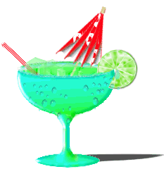 Early internet GIF of a vibrant blue-green tropical cocktail in stemmed glass with red umbrella and lime garnish.