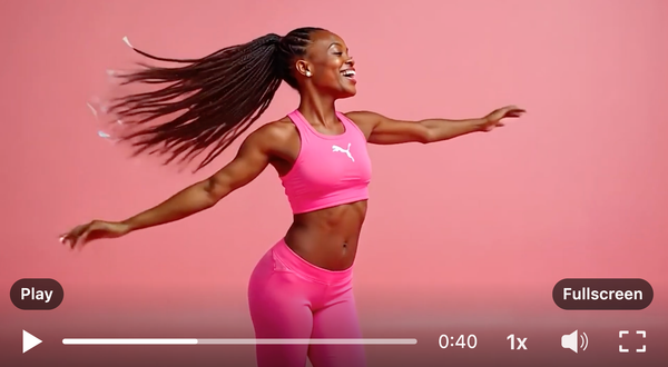 The screenshot shows a paused LinkedIn video player. This still from the Puma spot depicts a Black athlete wearing pink Puma branded merch, but it is "AI" generated synthetic content.