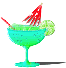 Early internet GIF of a vibrant blue-green tropical cocktail in stemmed glass with red umbrella and lime garnish.