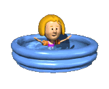 A somewhat pixelated 3D GIF of a blonde child splashing both arms into water in a blue inflatable pool.