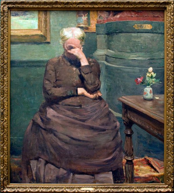 An old oil painting of a Victorian lady with her hands covering her face, in in a beautiful golden frame