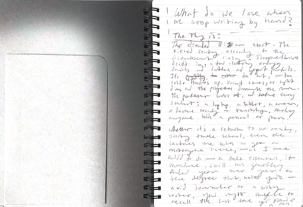 A photocopy of the author's spiral bound notebook, showing the messy penmanship of the first draft of this article. 