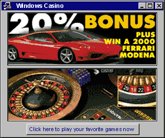90s Windows-style pop-up ad showing a casino, and a 2020 Ferrari, with a "loading" icon and a "play now" button.