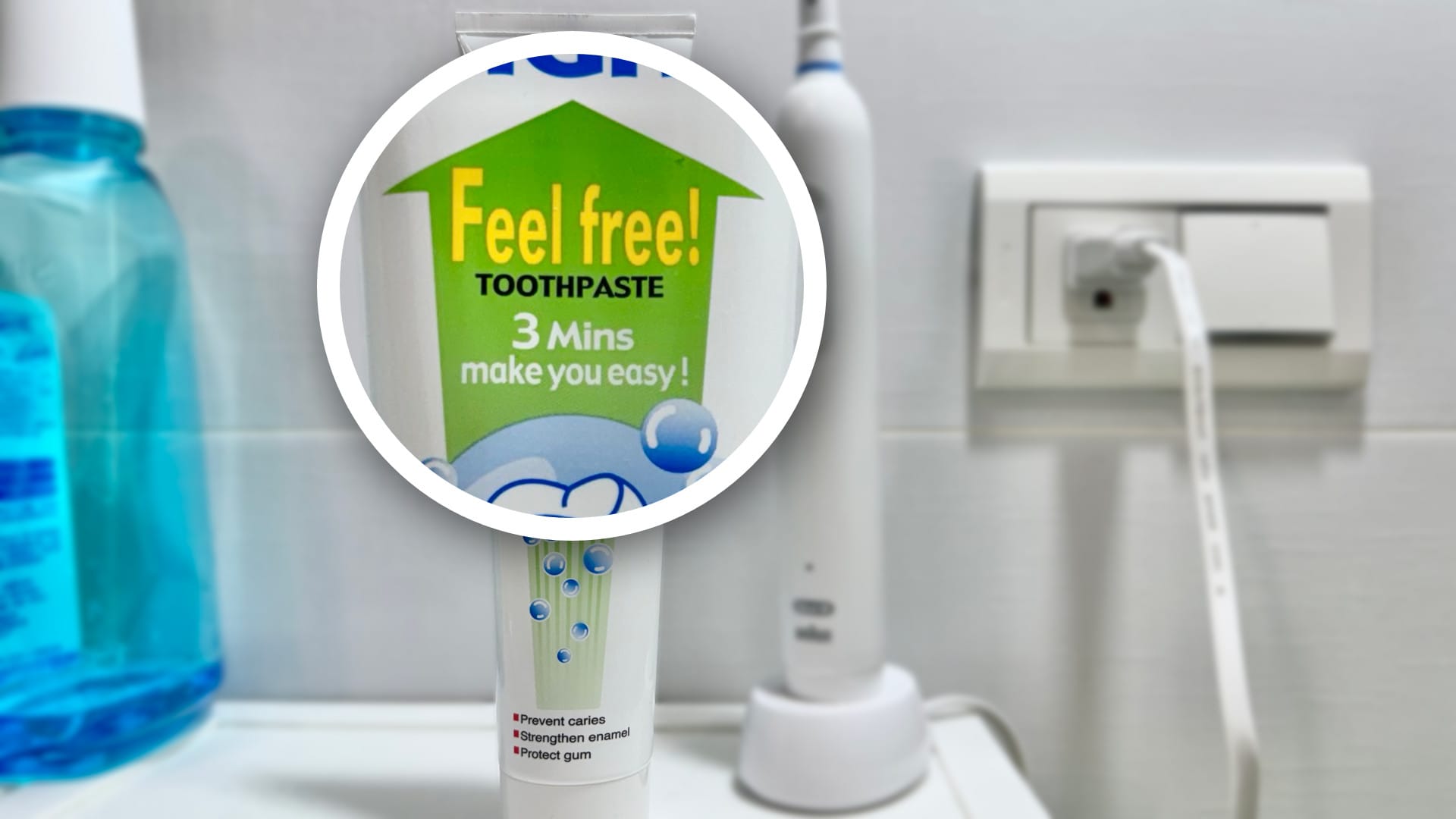 Close-up of the label on a tube of Day and Night toothpaste.