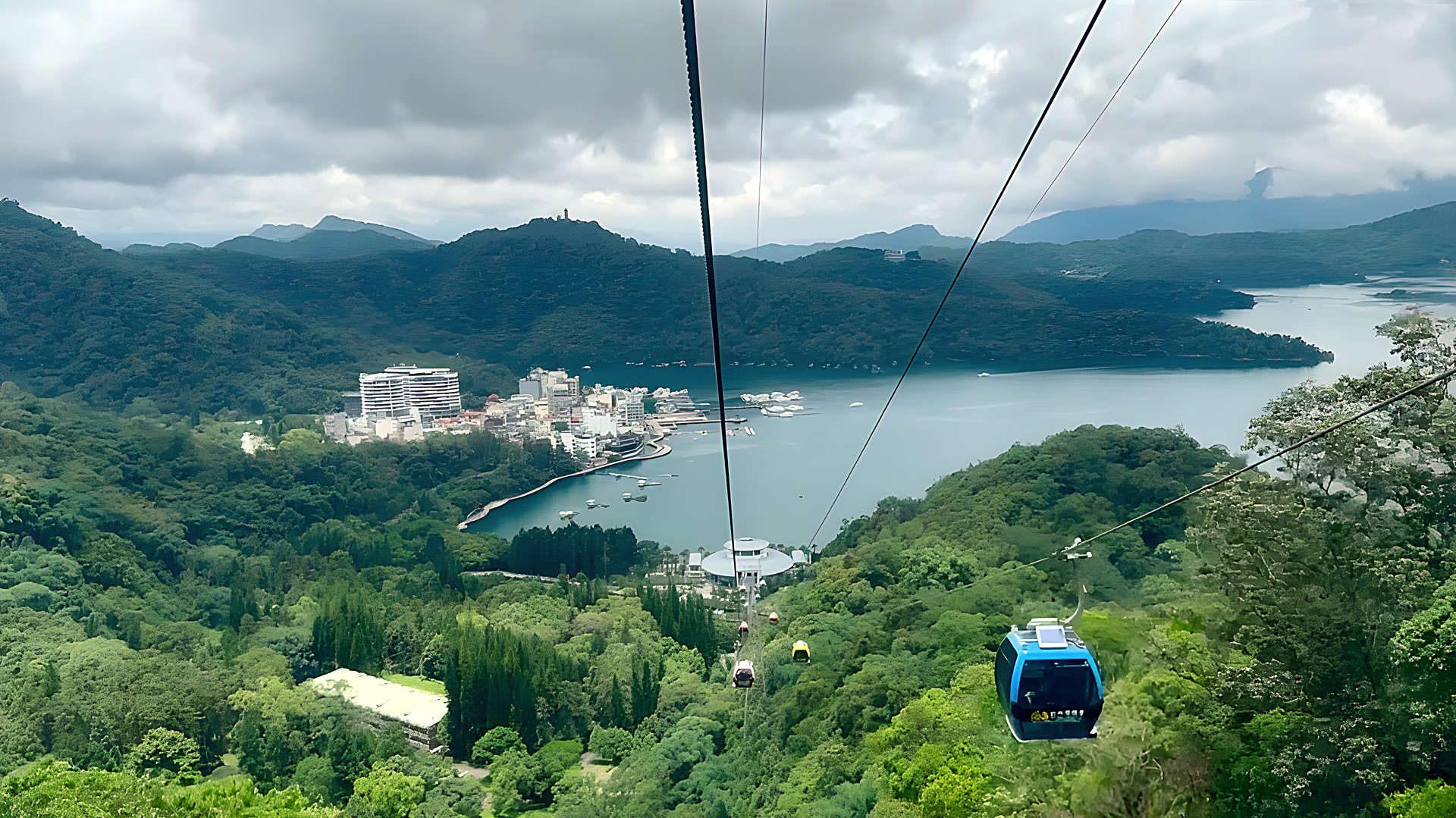 The view of Sun Moon Lake from the ropeway gondola.