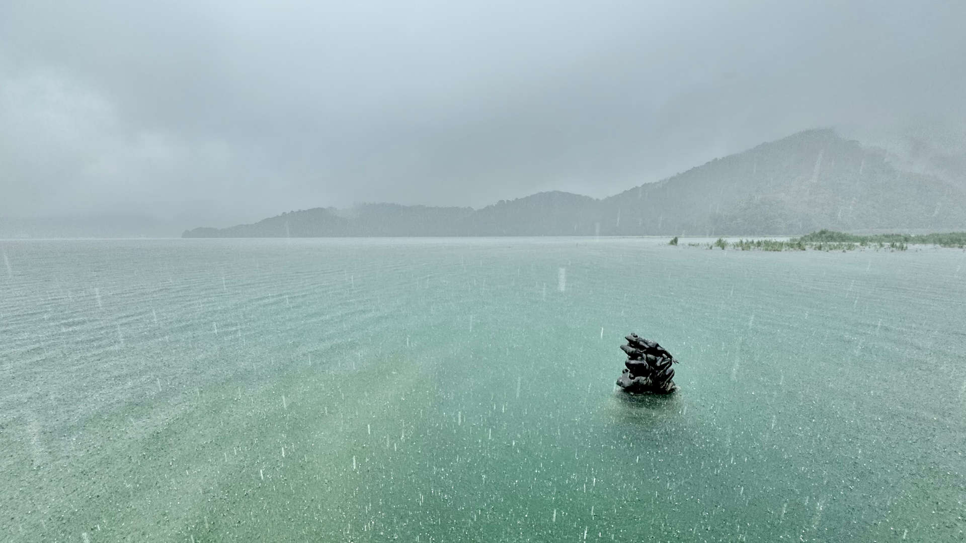 Heavy rain falling on a statue of frogs protruding from Sun Moon Lake. Mountains are visible in the misty distance, on the far side of the lake.
