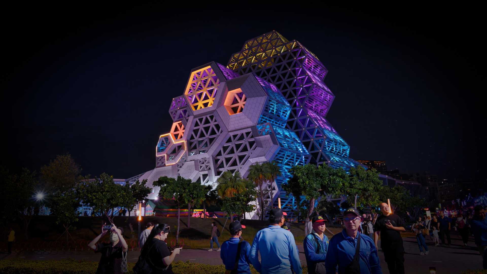 Kaohsiung Music Center lit in rainbow colors for the Mazu Sea Patrol Rite event.