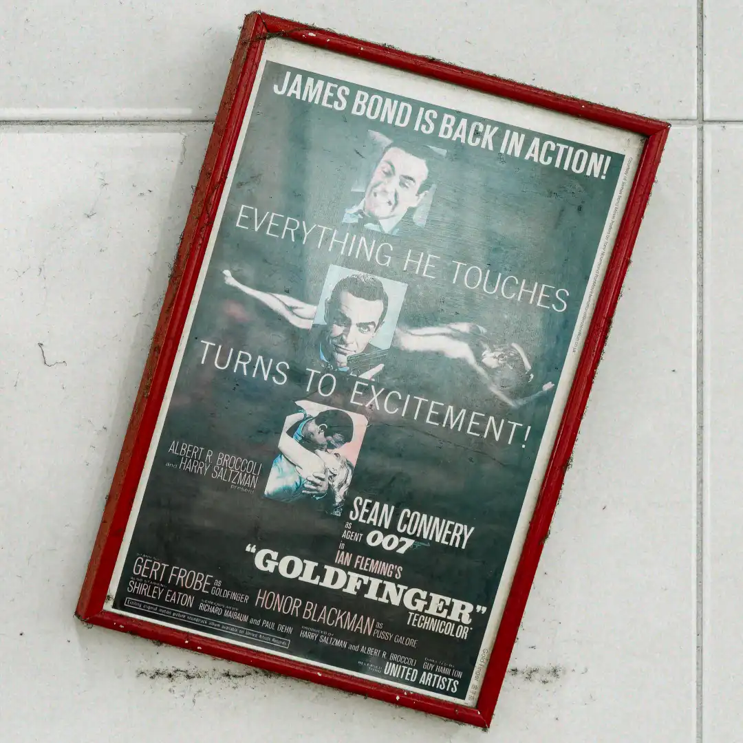 Vintage framed poster for the 1964 James Bond movie Goldfinger.