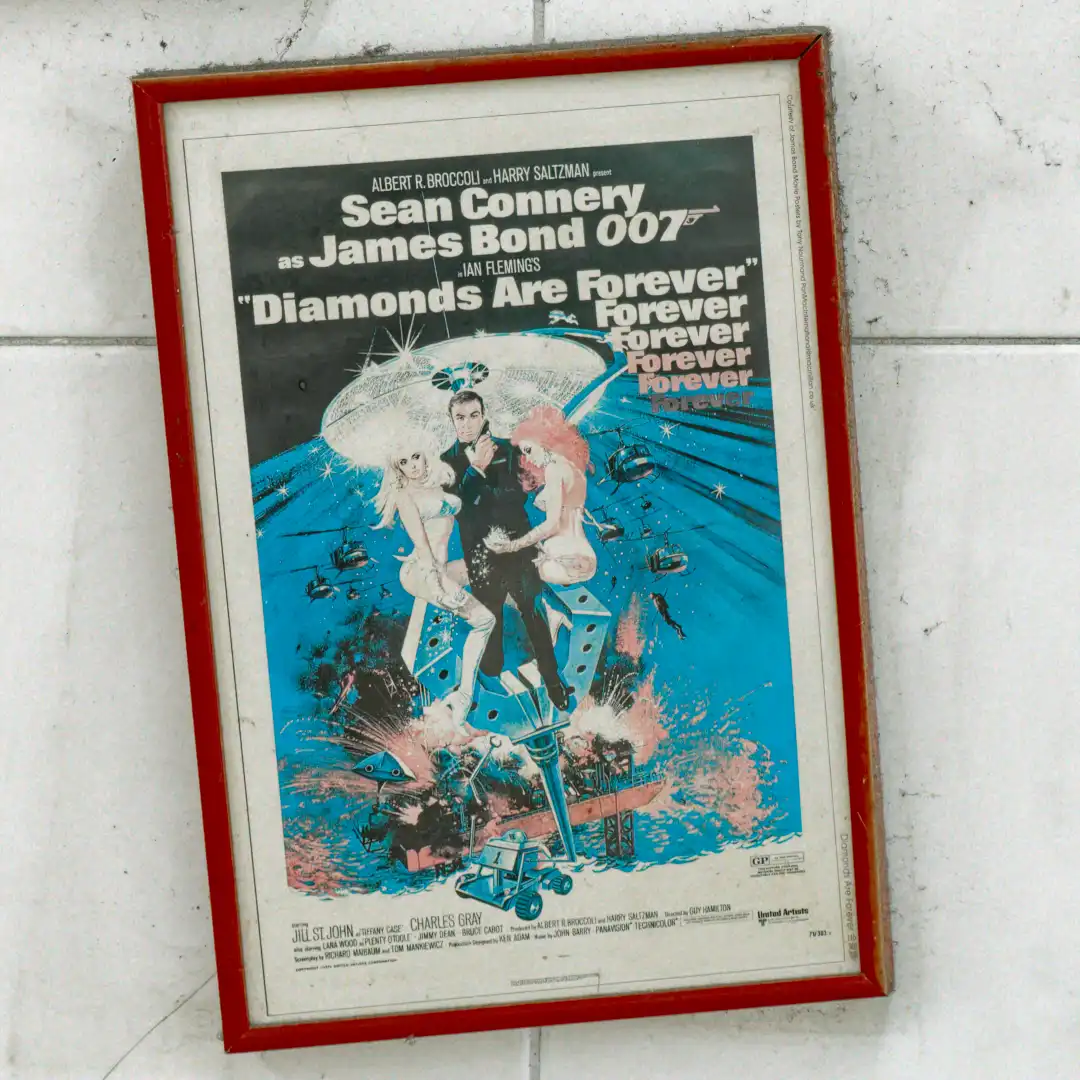Vintage framed poster for the 1971 James Bond movie Diamonds Are Forever.