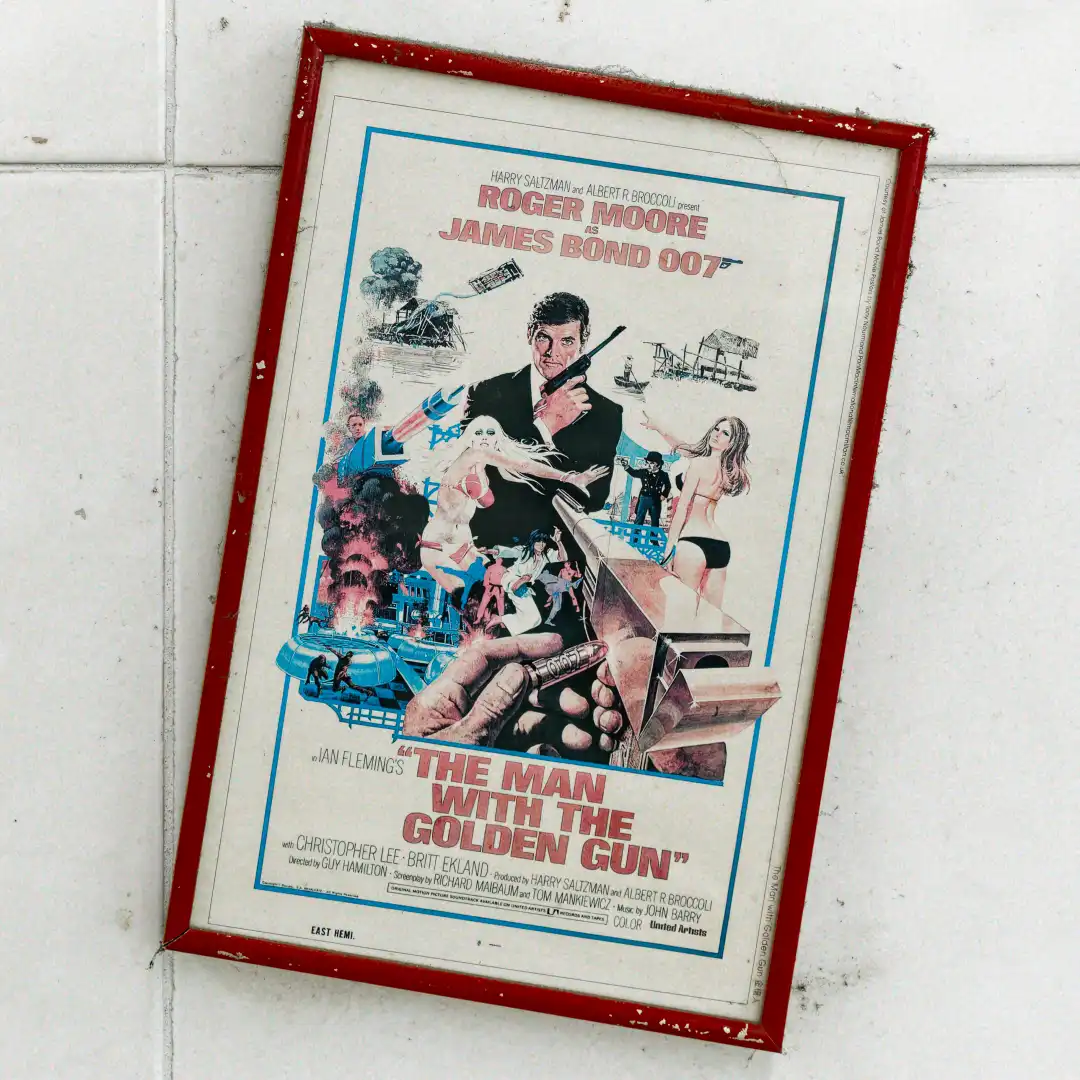 Vintage framed poster for the 1974 James Bond movie The Man with the Golden Gun.