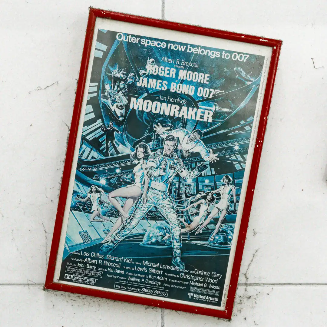 Vintage framed poster for the 1979 James Bond movie Moonraker.