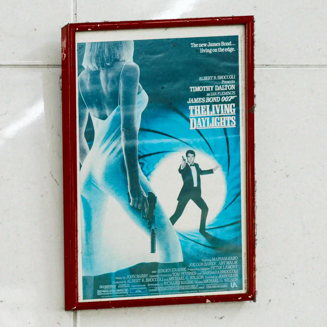 Vintage framed poster for the 1987 James Bond movie The Living Daylights.