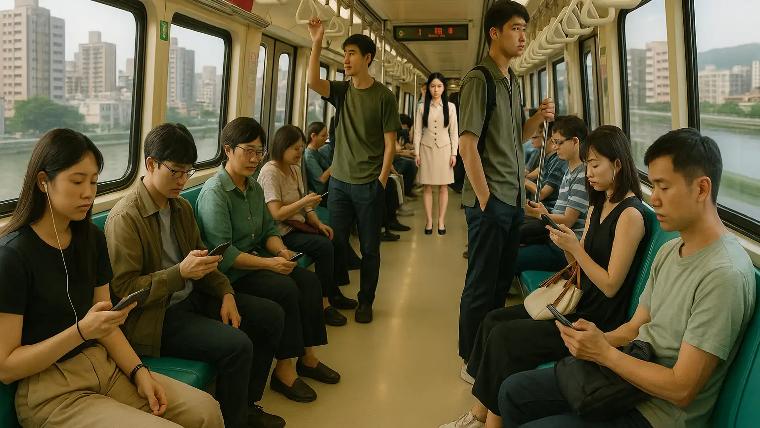 AI-generated image of the interior of a Taipei MRT train. Most passengers are focused on their phones. A few meters away, one woman is staring intently at the camera. She has deep black eyes and straight black hair.