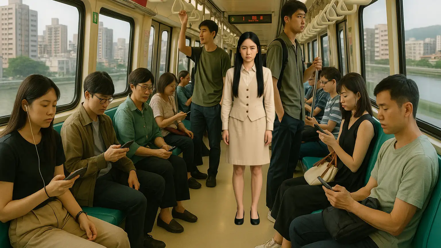 AI-generated image of the interior of a Taipei MRT train. Most passengers are focused on their phones. A couple of meters away, one woman is staring intently at the camera. She has deep black eyes and straight black hair.