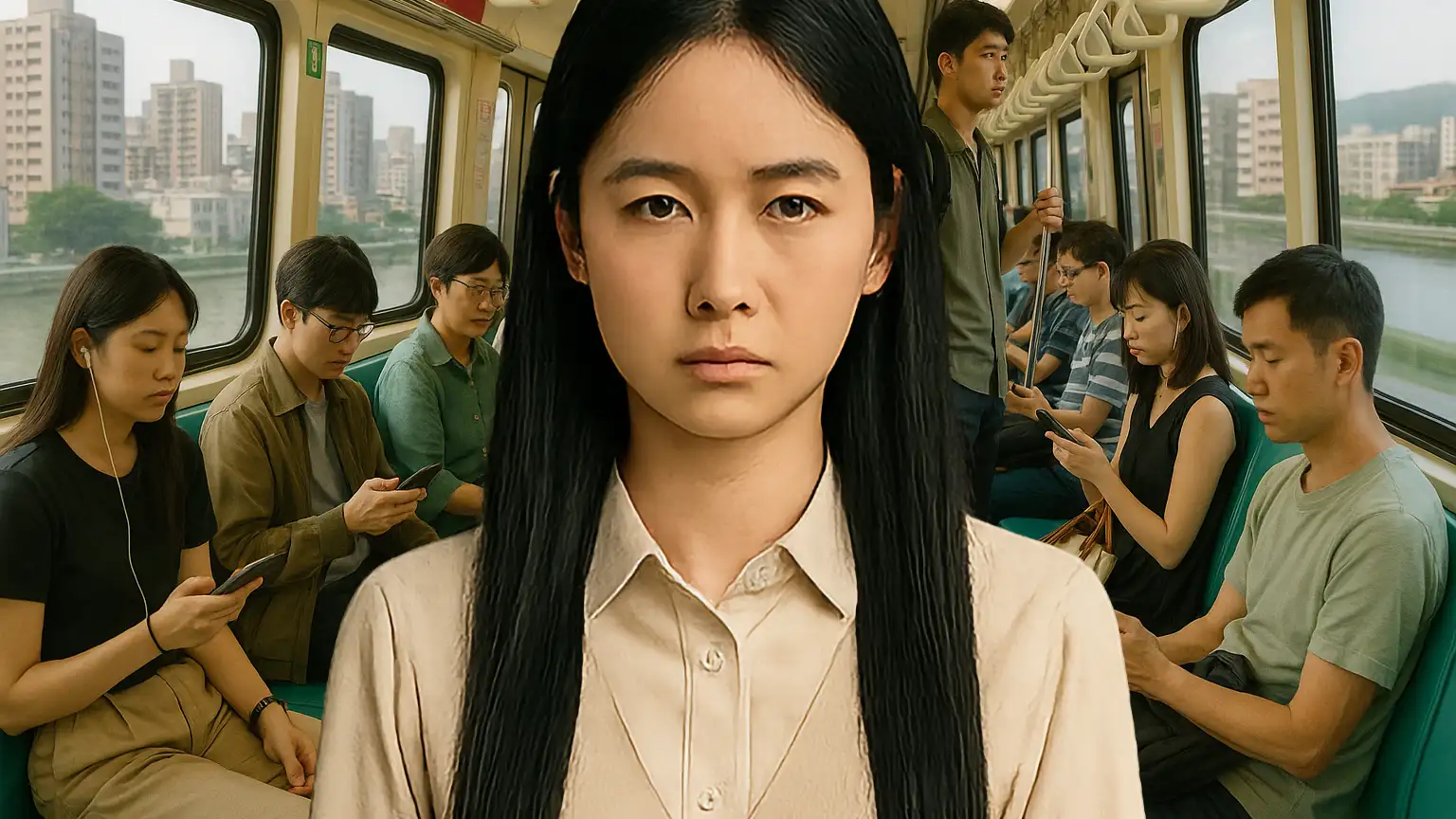 AI-generated image of the interior of a Taipei MRT train. Most passengers are focused on their phones. About one meter away, one woman is staring intently at the camera. She has deep black eyes and straight black hair.
