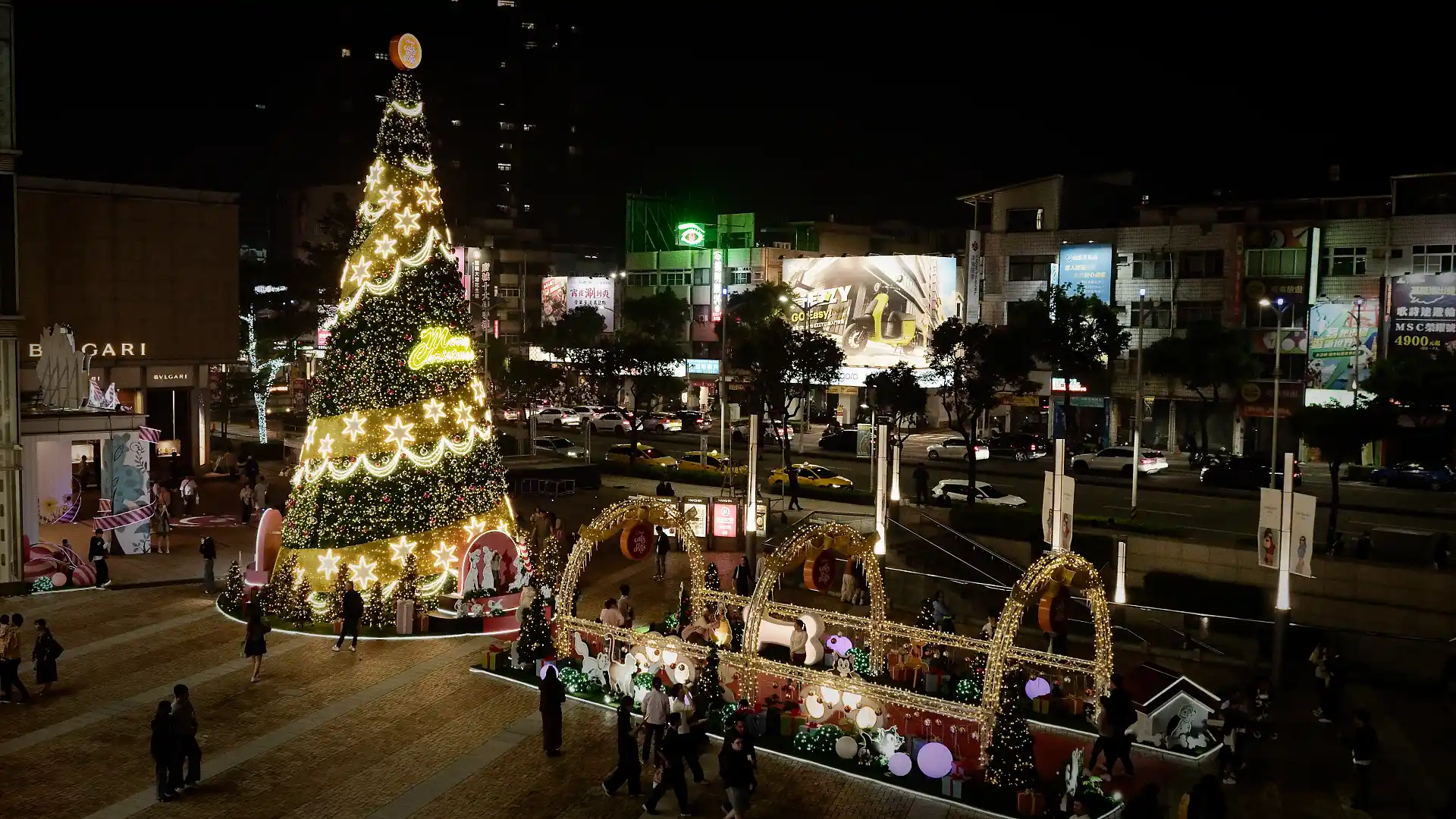 A Disney cats and dogs-themed Christmas light installation outside Hanshin Arena shopping mall in Kaoshiung, Taiwan.