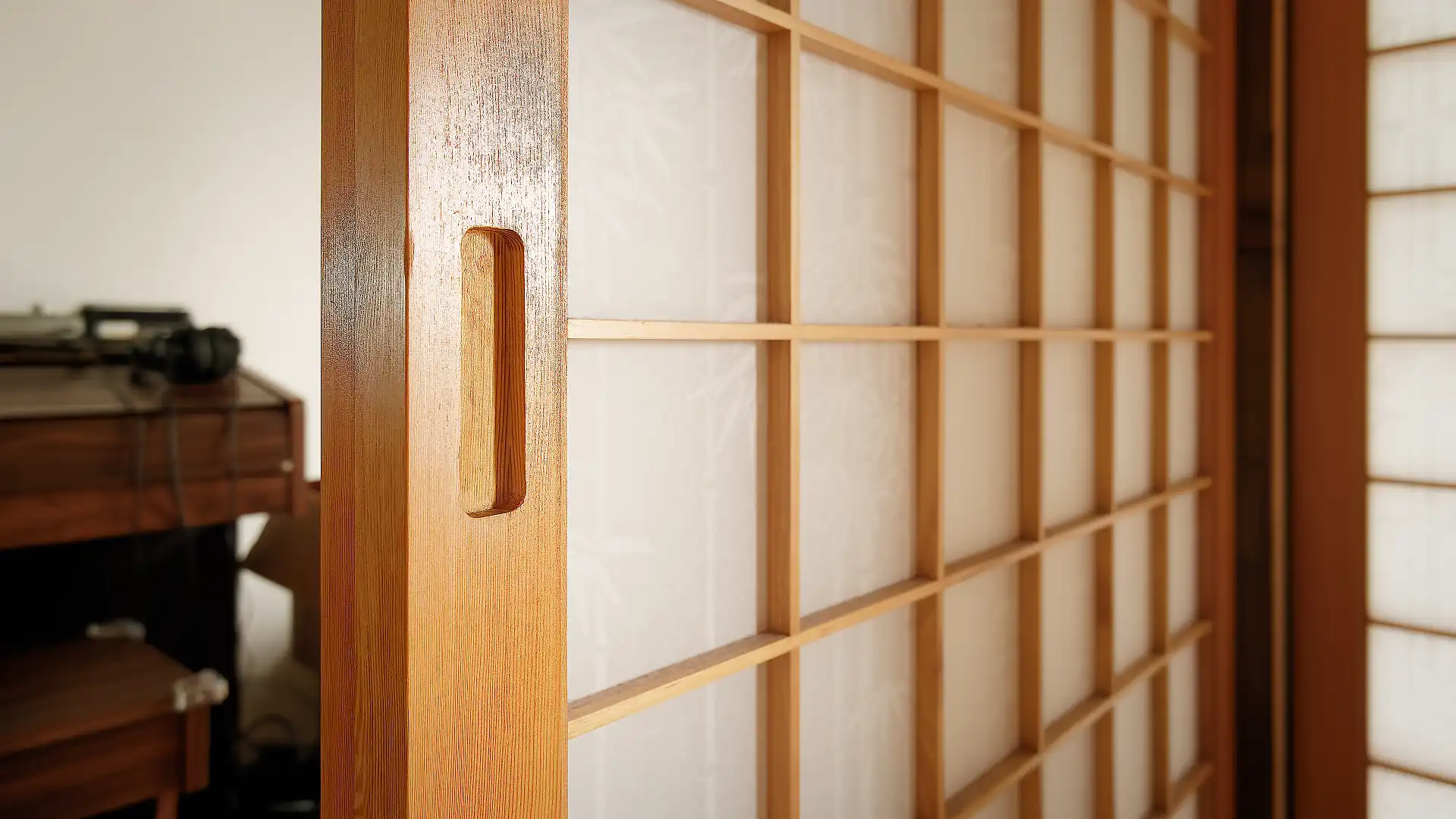 Close-up of the wooden frame of a shoji screen.