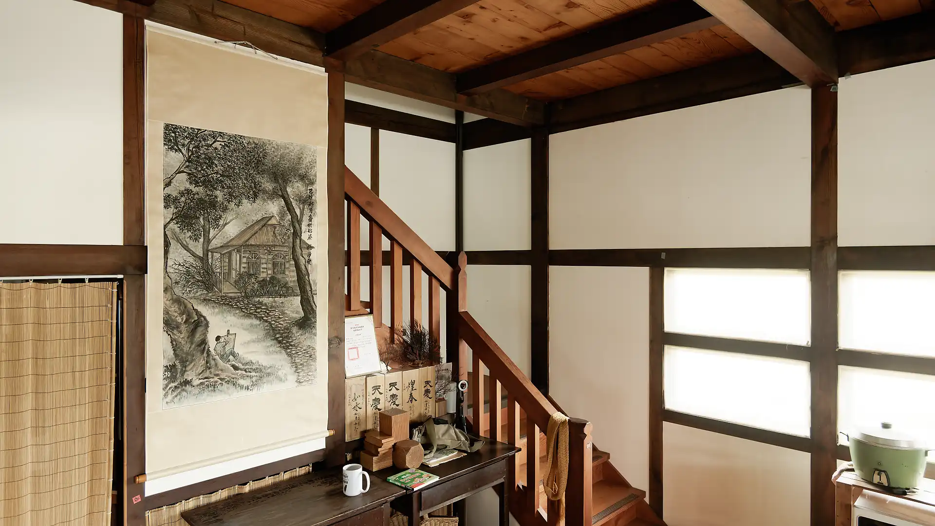 A wooden staircase.