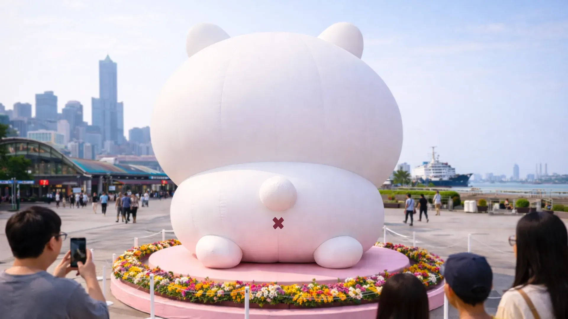 Photorealistic AI-generated image of people taking photos of a large inflatable animal that has an ‘X’ shape marking its butt.