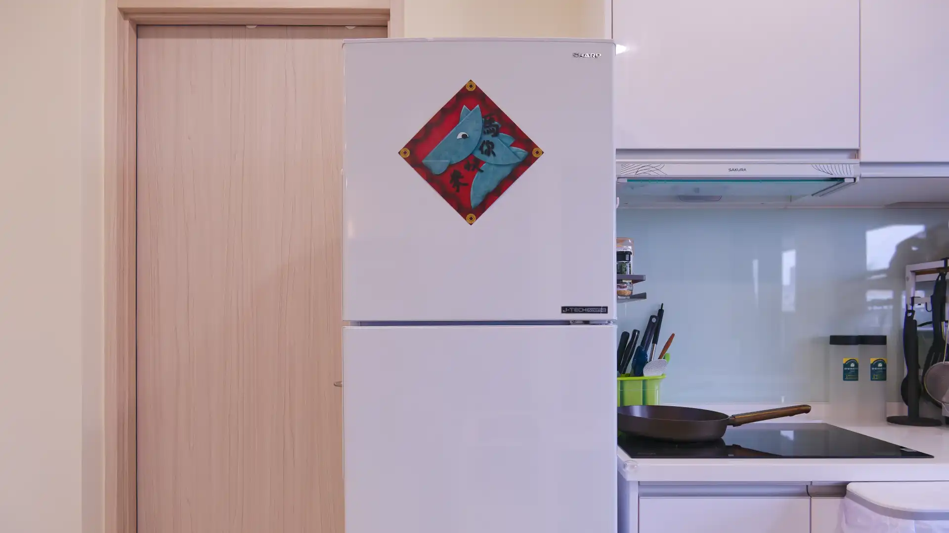 A Sharp refrigerator in a Taiwanese kitchen.