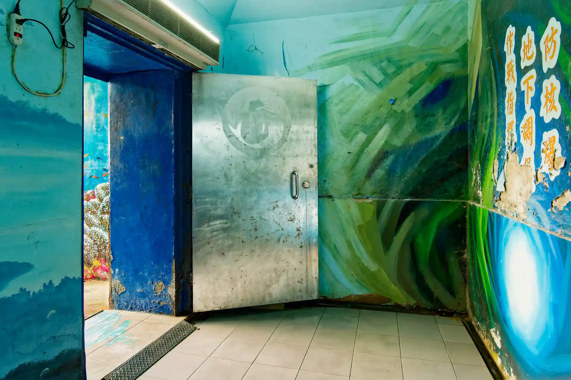 An empty space with square concrete walls painted with faded sea creature murals.