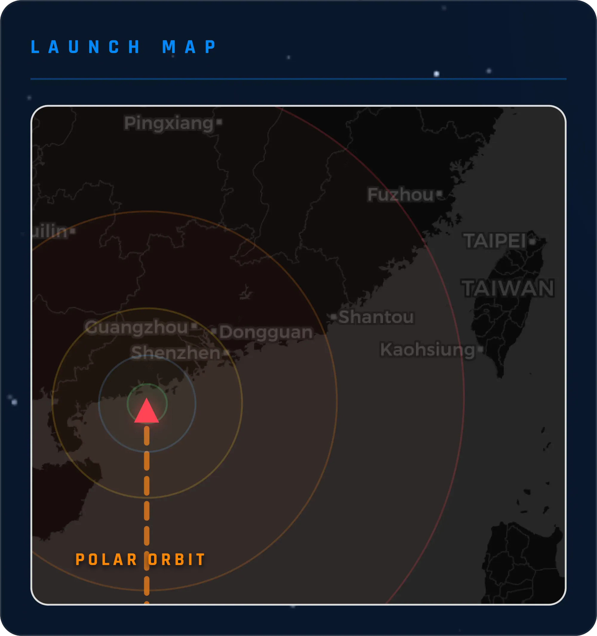 A map showing the trajectory of a rocket launch over the South China Sea.
