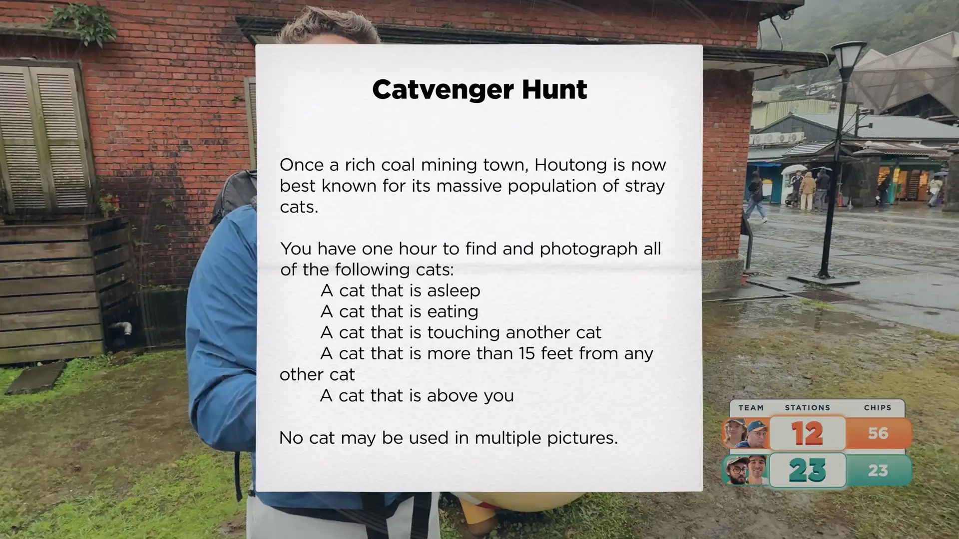 Screenshot from the YouTube show Jet Lag: Taiwan Rail Rush outlining the rules for the ‘Catvenger Hunt’ challenge.