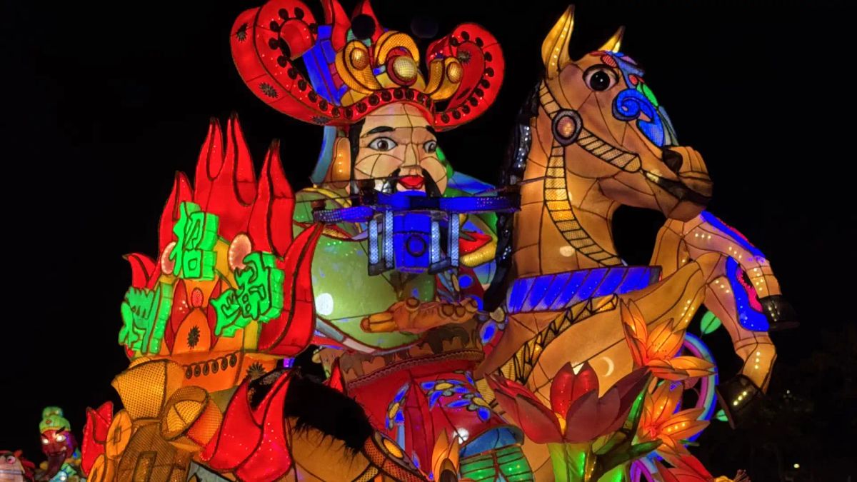 A larger-than-life lantern in the shape of a man riding a horse, at the 2026 Taiwan Lantern Festival in Chiayi.