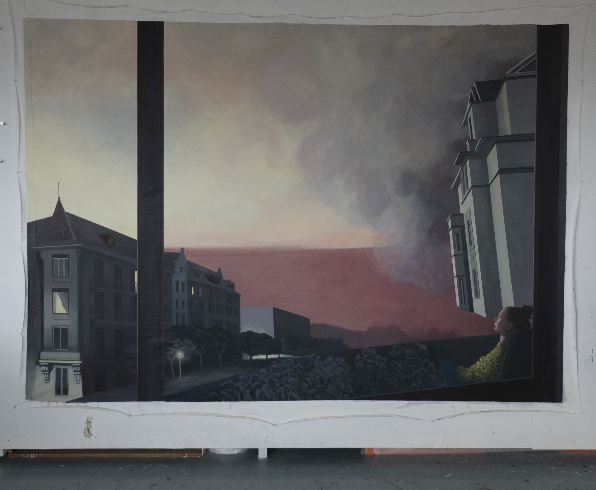 Clélia, 178 x 255 cm, peinture sur drap de lit ancien monogrammé, 2021