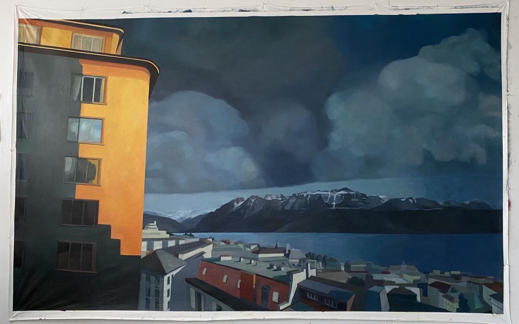 et si le lac..., 170 x 255 cm, peinture sur drap de lit ancien monogrammé, 2021