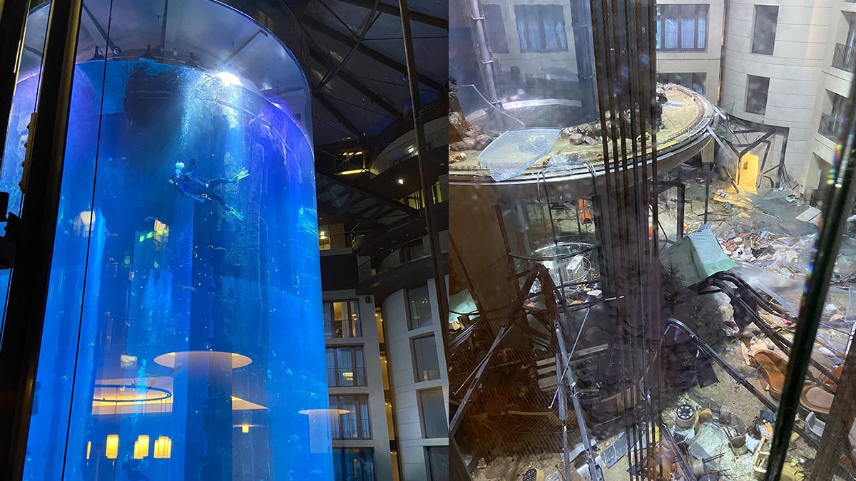 Revienta el acuario cilíndrico más grande del mundo en Berlín