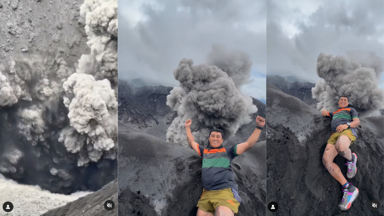 ¡Todo sea por los likes! Hombre escala a cima de volcán justo cuando hace erupción