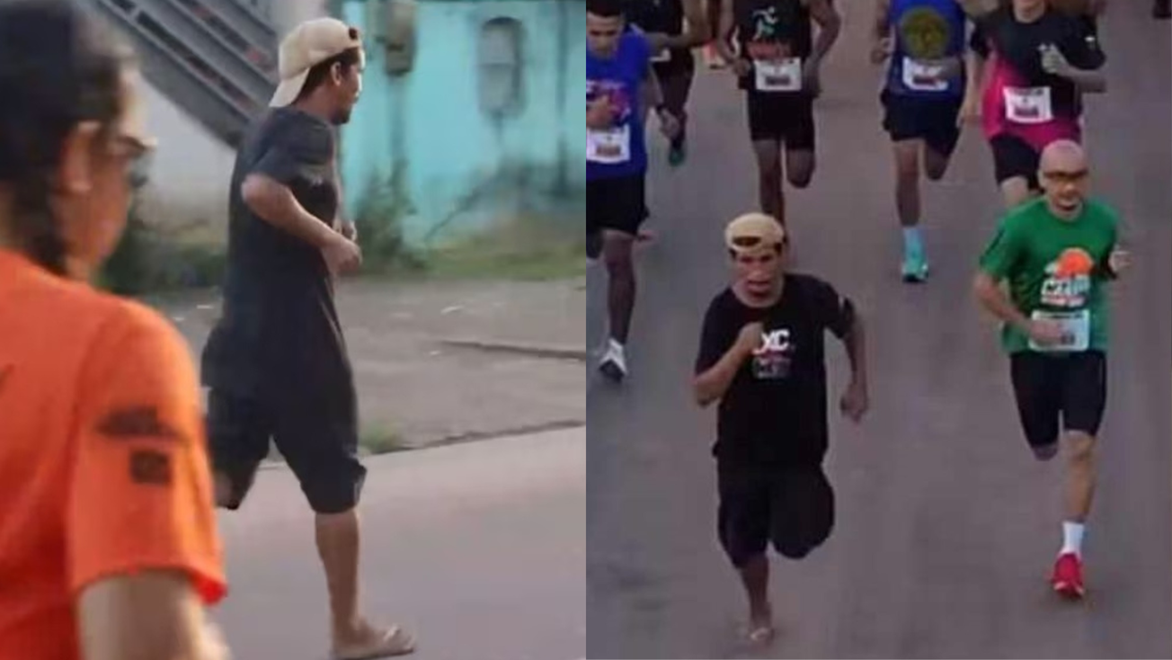 ¡Hasta las chanclas! Se cuela en carrera de 8k tras salir de un bar y se lleva medalla
