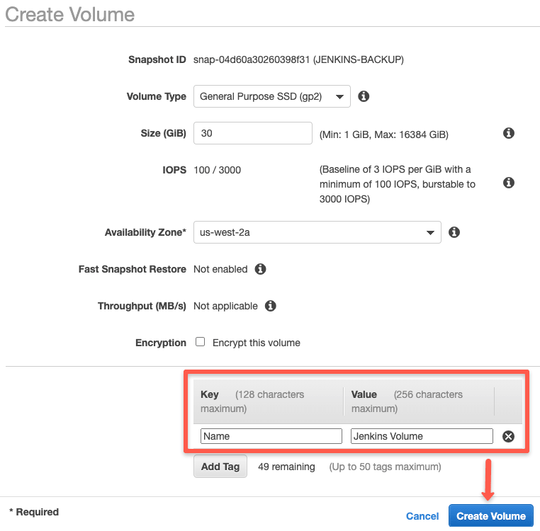 EBS volume information for EBS restore.