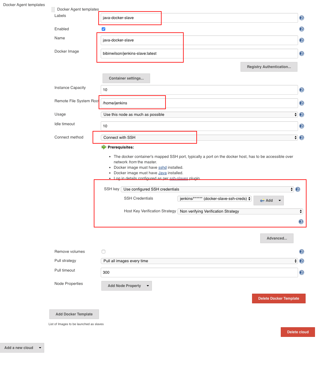 Jenkins Docker agent tempalte configuration