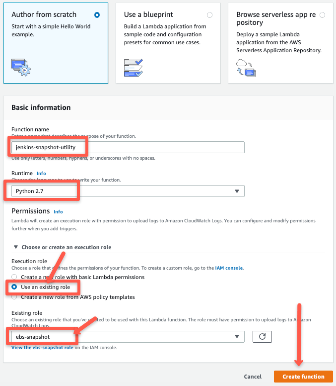 create lambda function for EBS snapshot.
