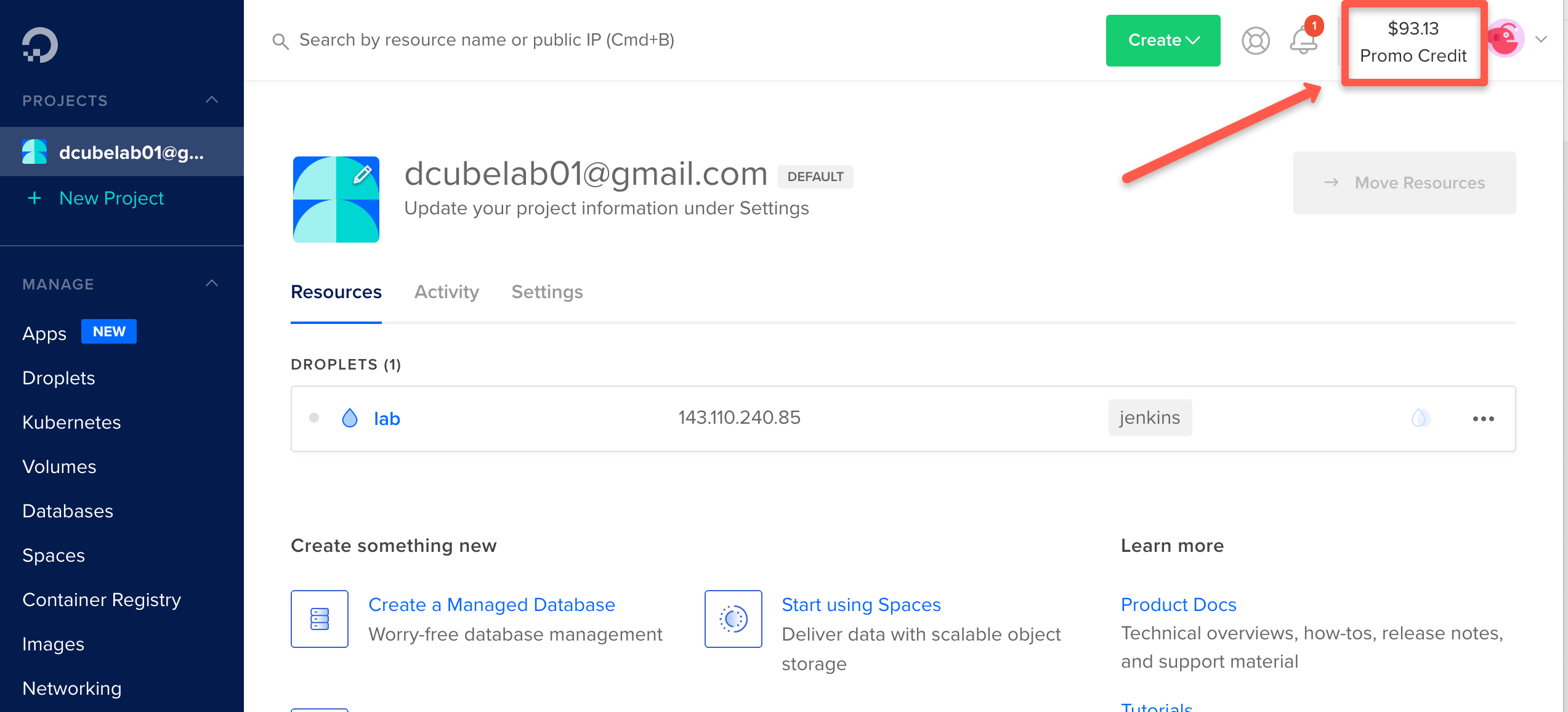 Digitalocean free credit in dashboard