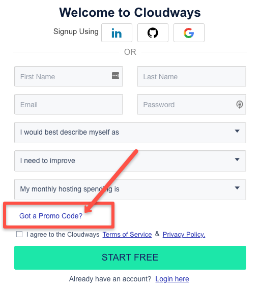 Cloudways Promo Code option