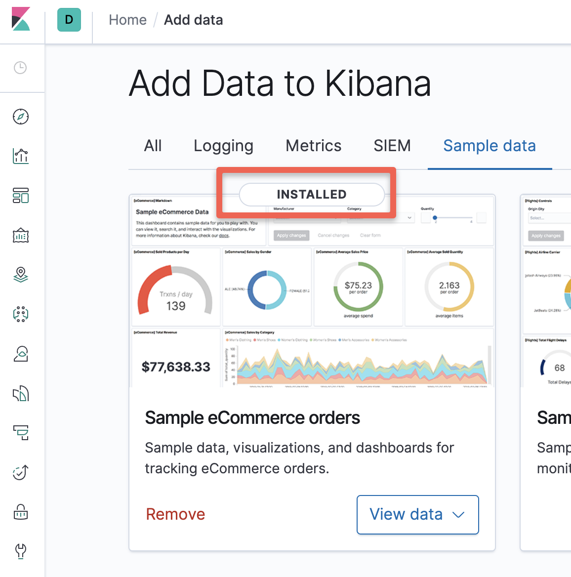 Sample data added to Kibana