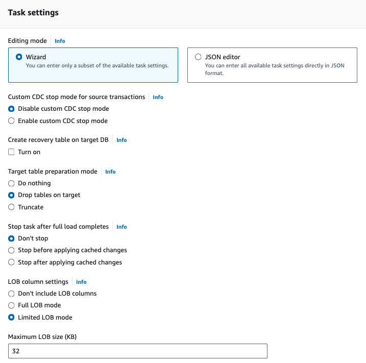 task setting secion ofo the dms migration task and the section contains custom CDC stop, recovery table creation, LOB column settings, etc.