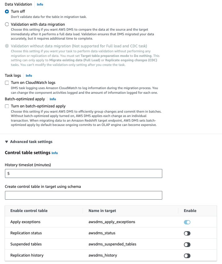 the dms migration task configurations such as data validation, task logs, batch optimization, contol table settings, etc