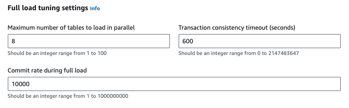 full load tuning settings for the dms  migration task