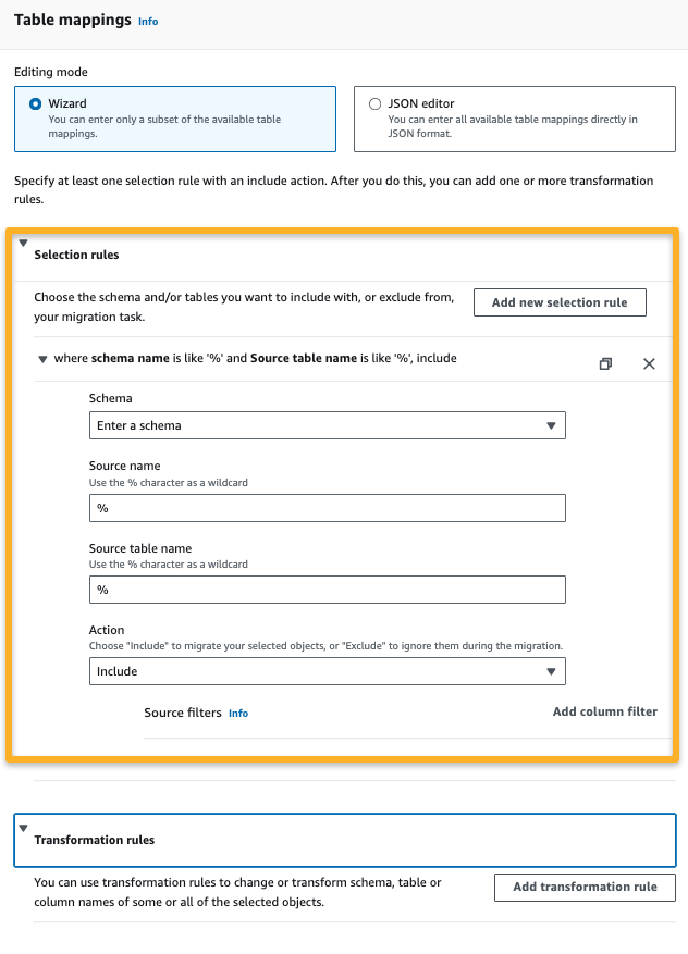 table mapping configurations for the dms migration task and the configurations contains, selection rules and transformation rules