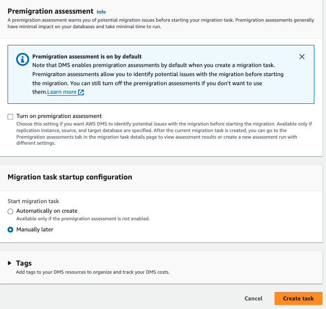 premigration assessment configuration for the dms migration task
