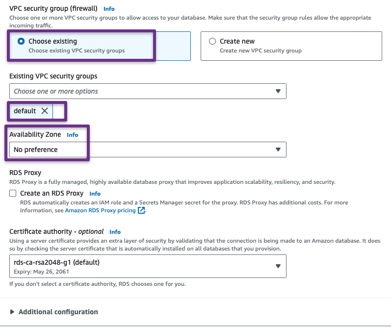 the continuation of the connectivity configuration such as security group, availability zone, proxy and certificate authority