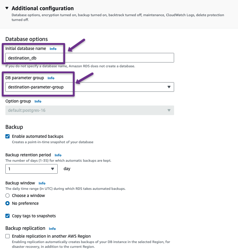 adding the custom parameter group in the rds creation and the other settings such as backup and backup replication.