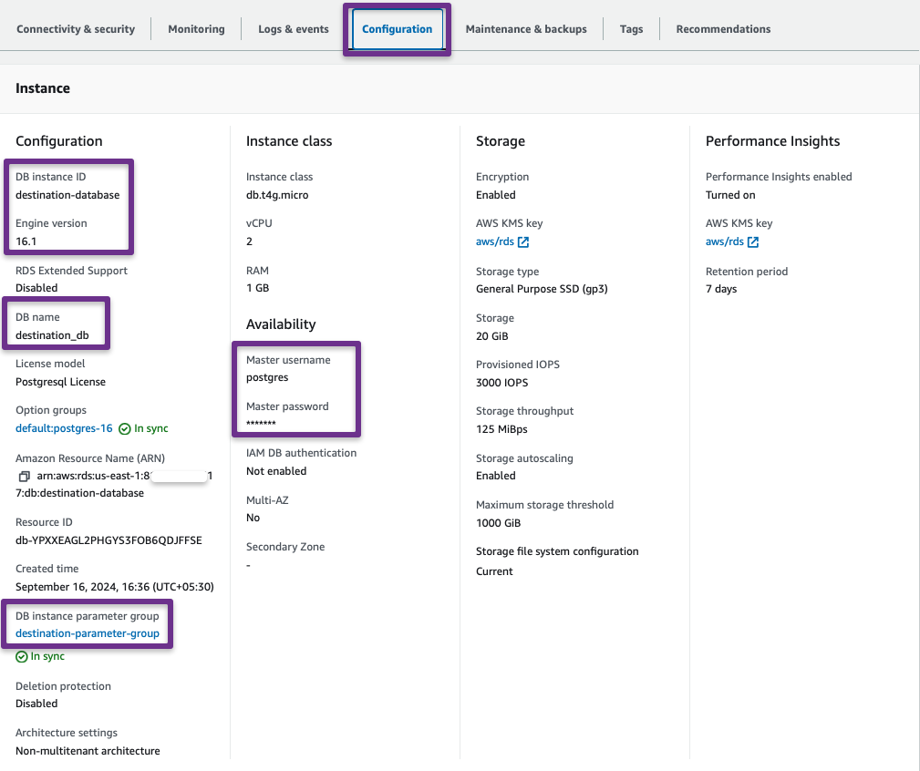 the configuration tab details of the destination rds