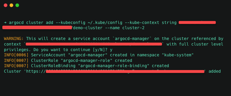 output got after successfully adding the cluster usinf Argo CD cli