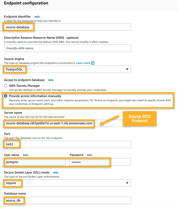 the dms source endpoint creation configurations such as source rds engine, access and endpoint of the database, etc.