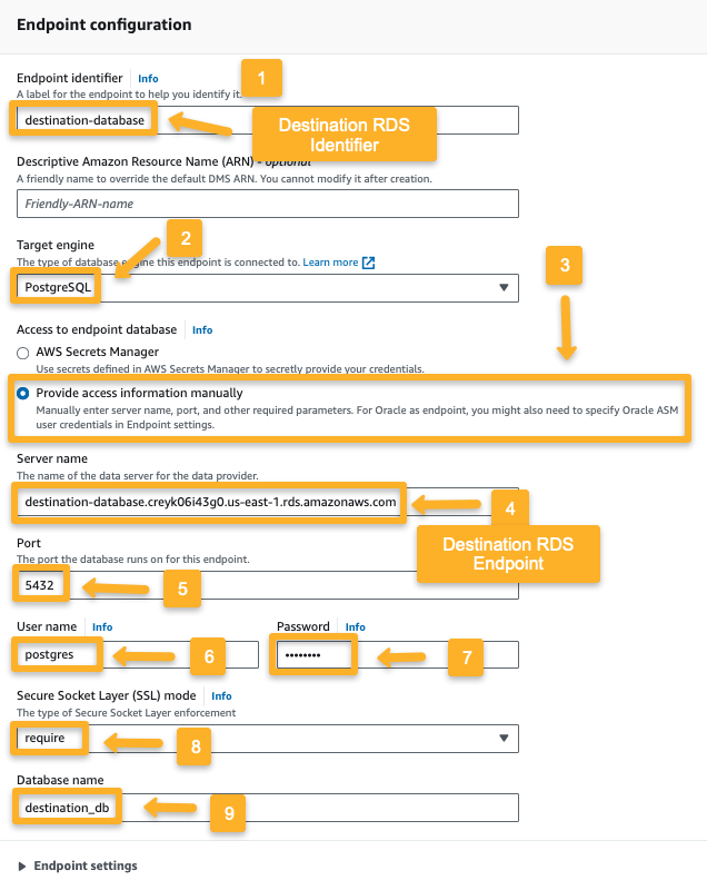 the destination rds configurations such as engine type, access and endpoints, etc